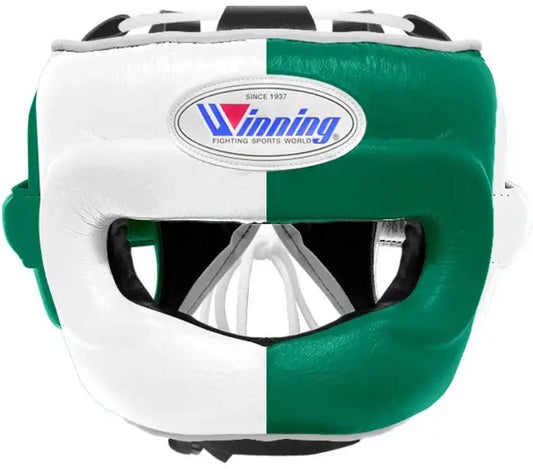 Winning Boxing Headgear White/Green Head Guard with Ear Protection