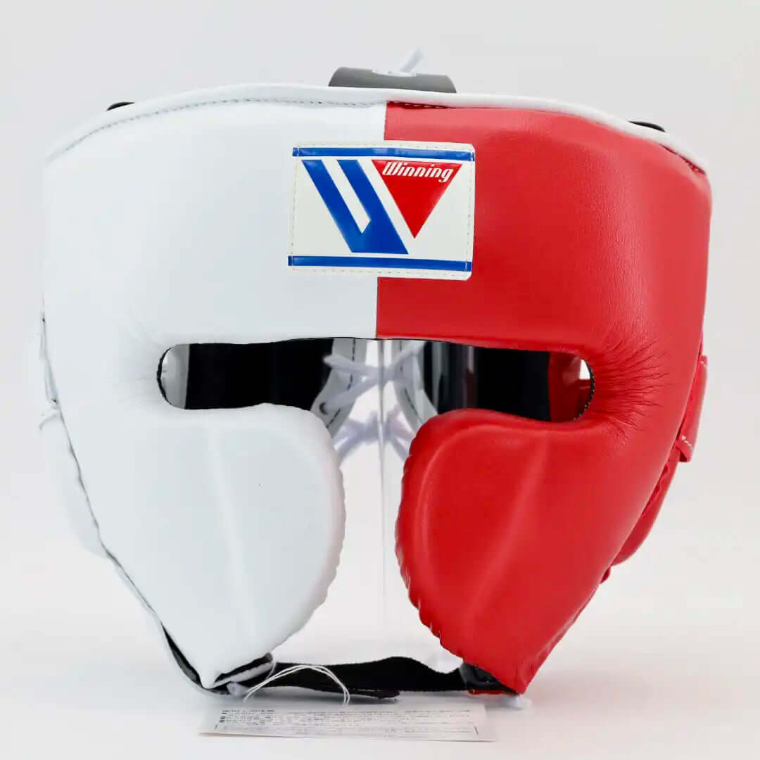 Winning Boxing Headgear White/Red Leather Head Guard for Training