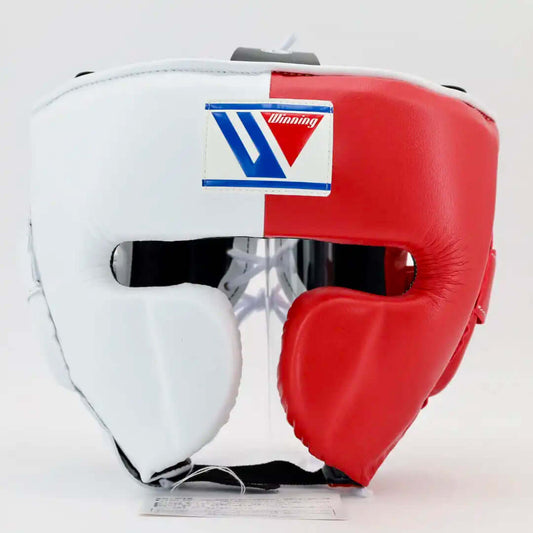 Winning Boxing Headgear White/Red Leather Head Guard for Training