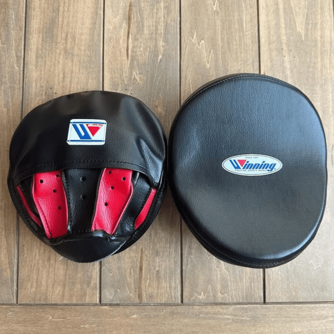 Winning Boxing Mitts Black/Red Leather Focus Mitts for Combat Training