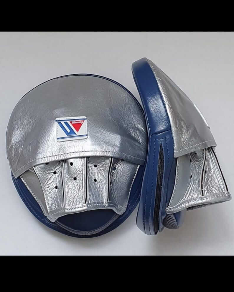 Winning Boxing Mitts Silver/Blue Premium Leather Focus Mitts Back View