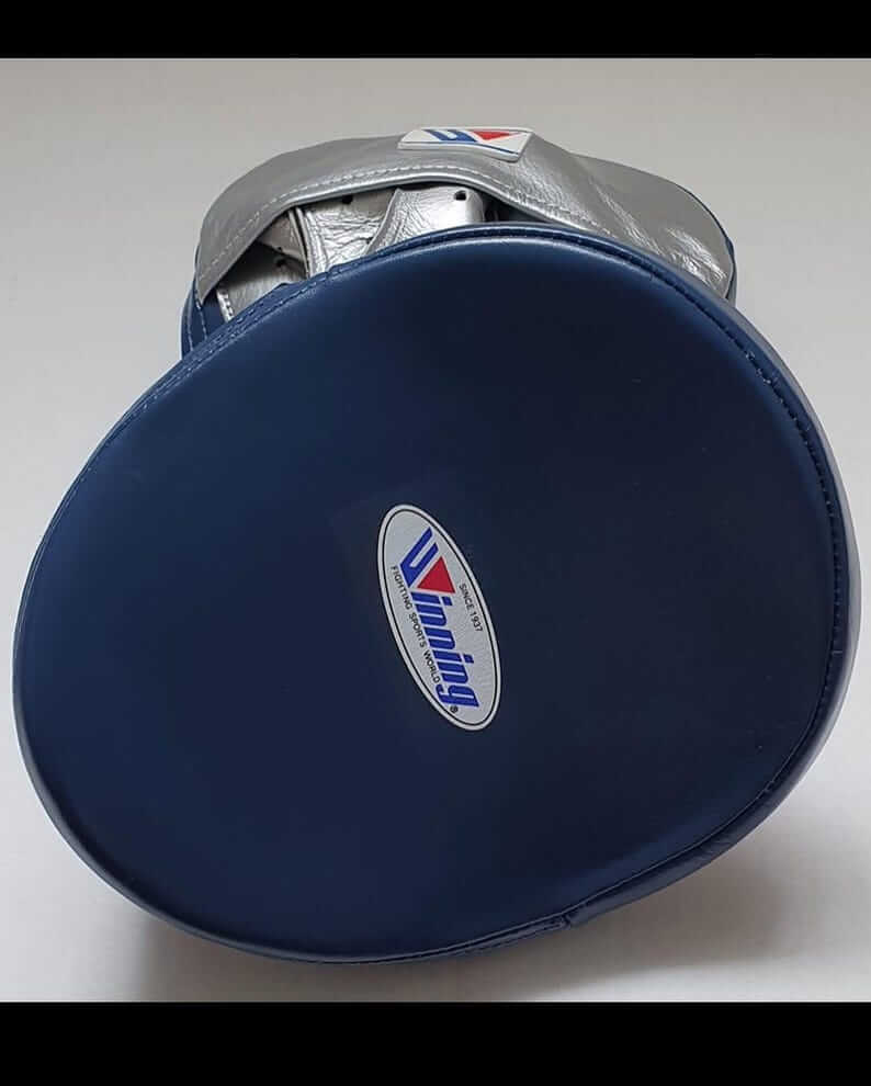 Winning Boxing Mitts Silver/Blue Premium Leather Focus Mitts Front View