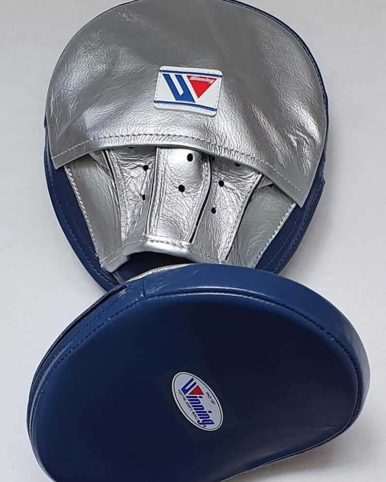 Winning Boxing Mitts Silver/Blue Premium Leather Focus Mitts