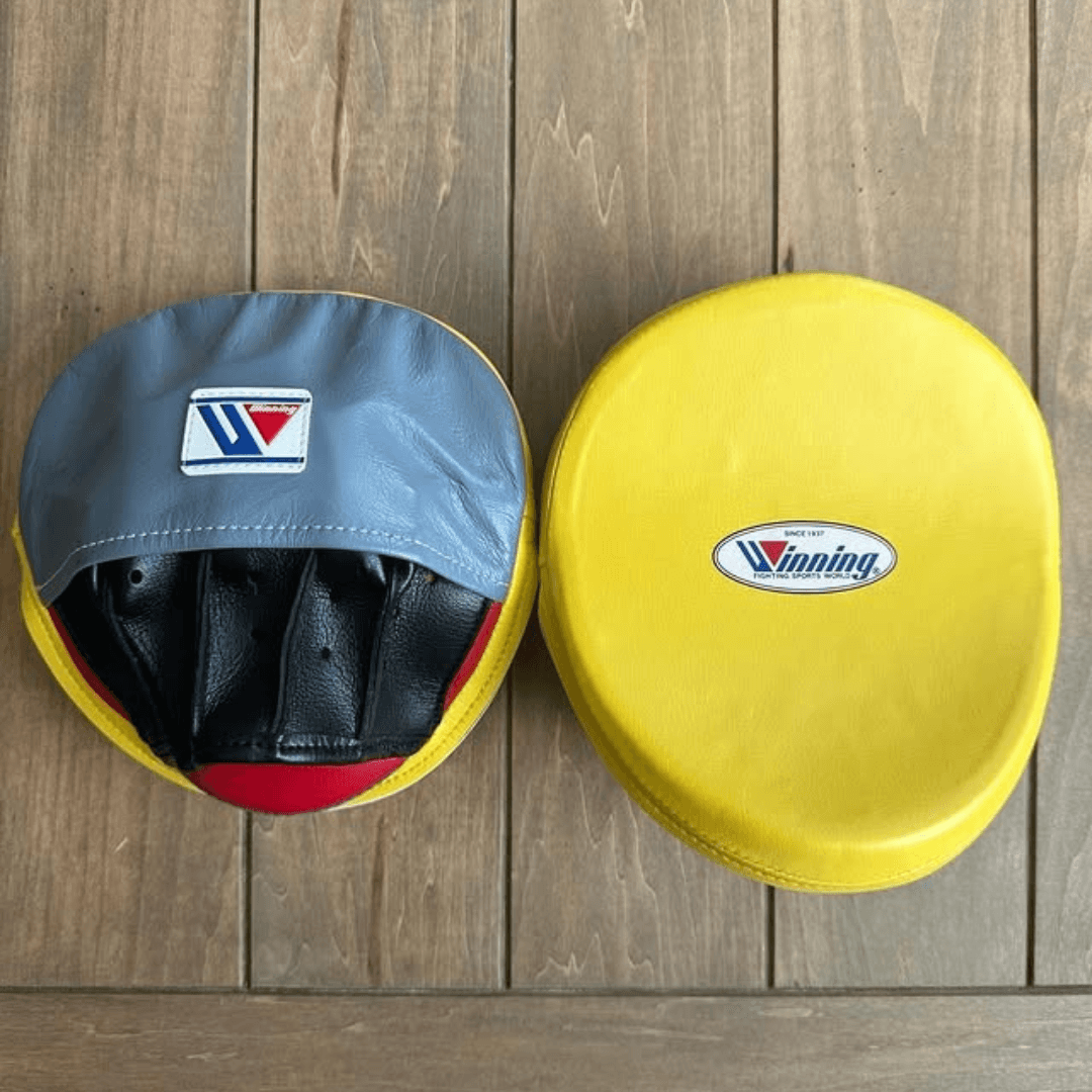 Winning Boxing Mitts Grey/Yellow/Black/Red Leather Focus Mitts for MMA Training