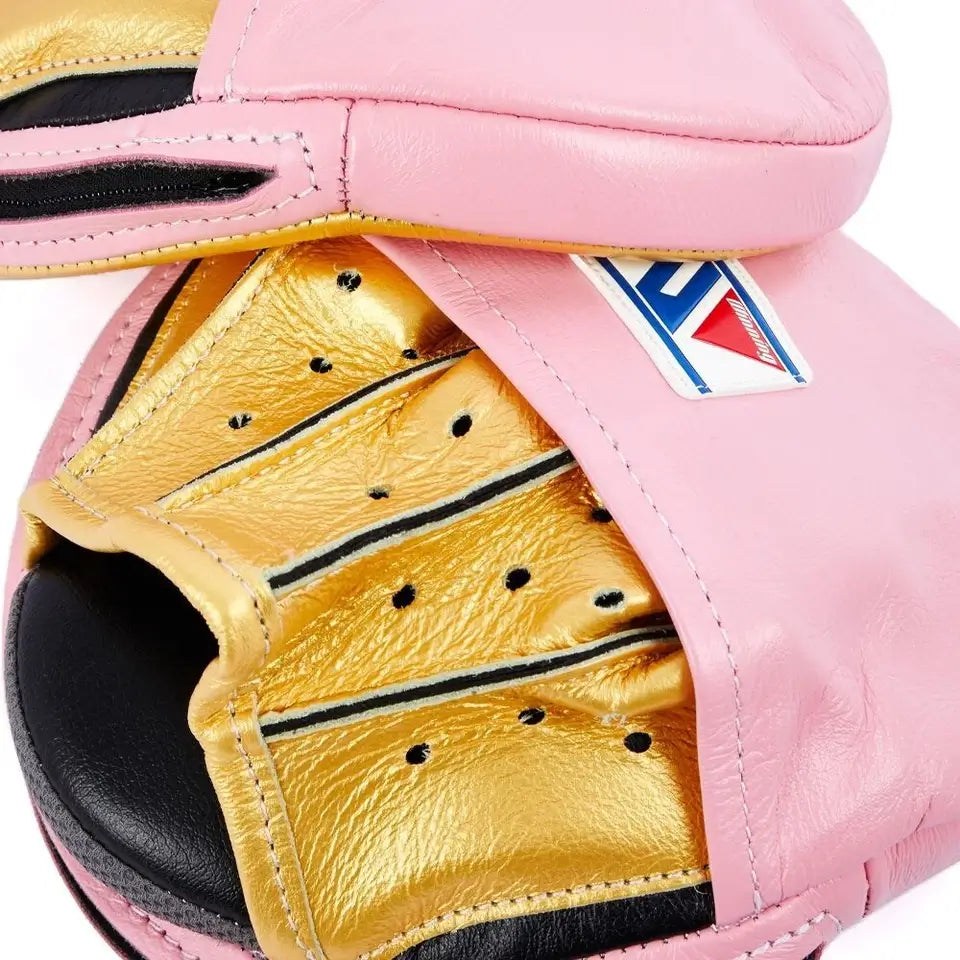 Winning Boxing Mitts Pink/Gold High Density Foam Premium Leather Mitts Close Up