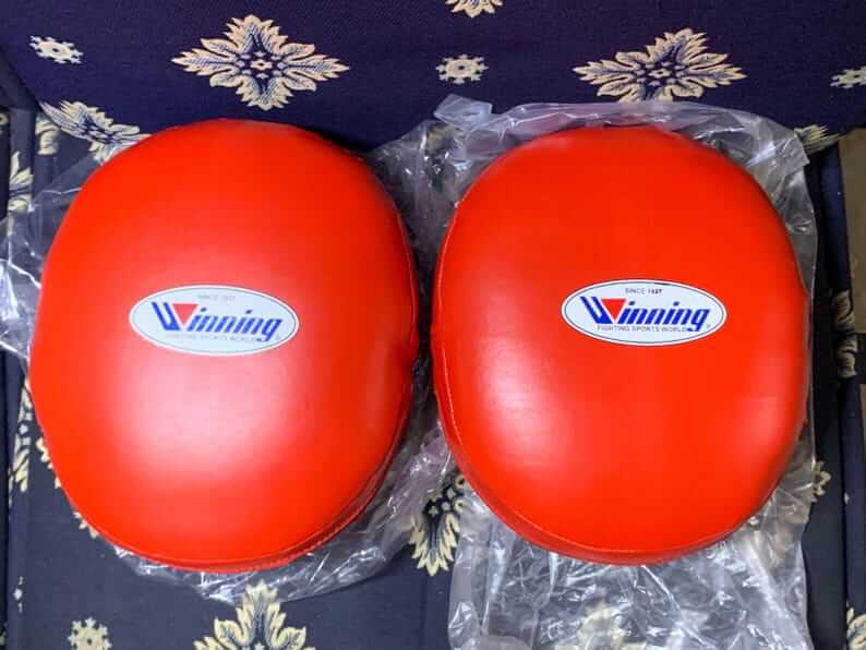 Winning Boxing Mitts Red Leather Focus Mitts for Training Back View