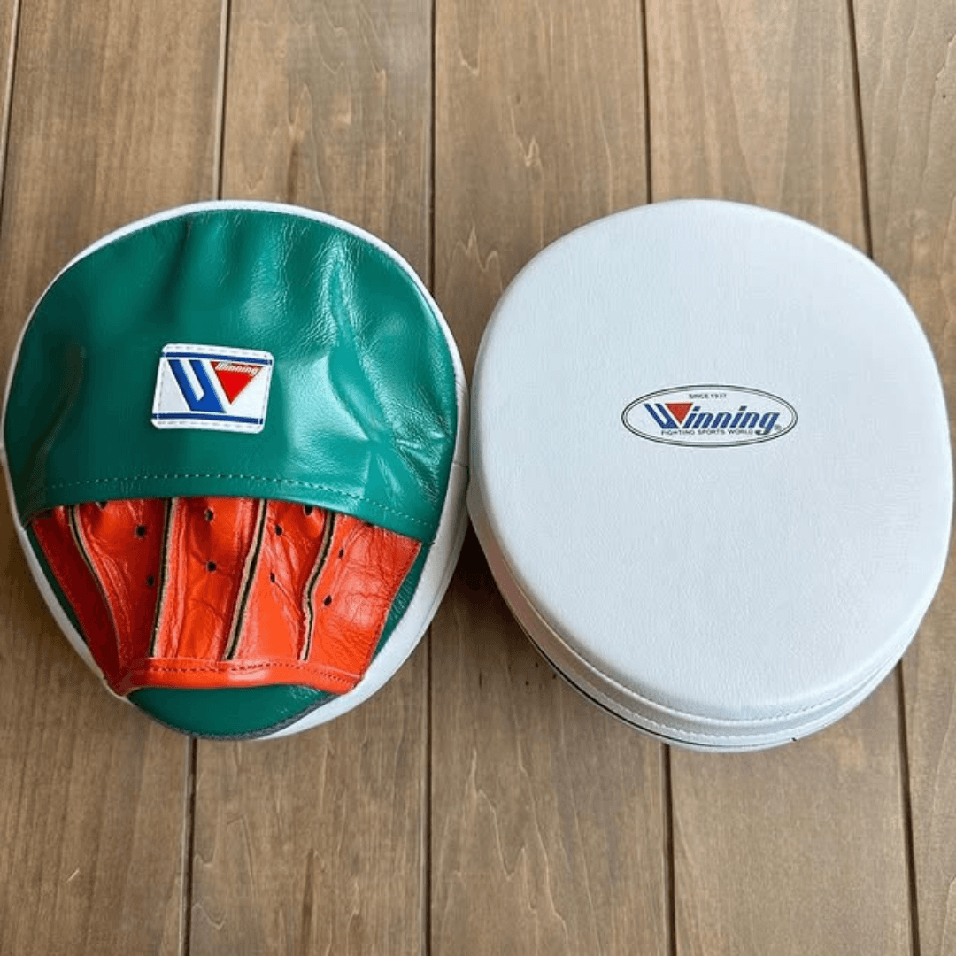 Winning Boxing Mitts White/Green/Orange Leather Focus Mitts with Thumb Protection