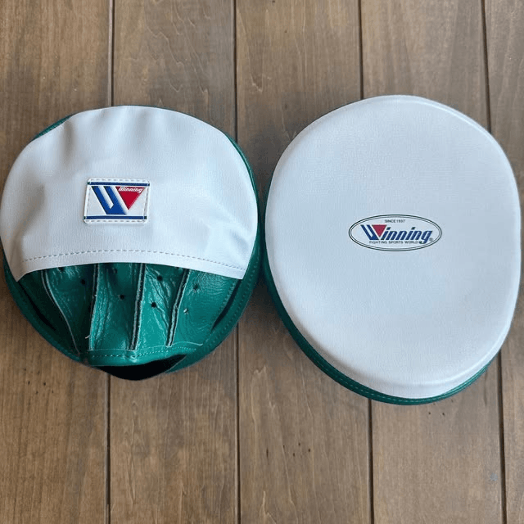 Winning Boxing Mitts White/Green Leather Mitts with Secure Wrist Strap