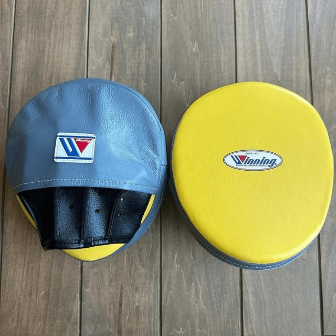 Winning Boxing Mitts Yellow/Grey/Black Curved Leather Focus Mitts for Sparring