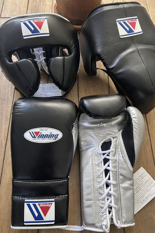 Winning Boxing Gloves Set Black/Silver Heavy Duty Training Collection