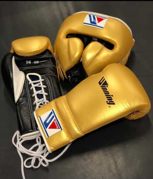 Winning Boxing Set Golden/Black Gym Training Gloves Headguard