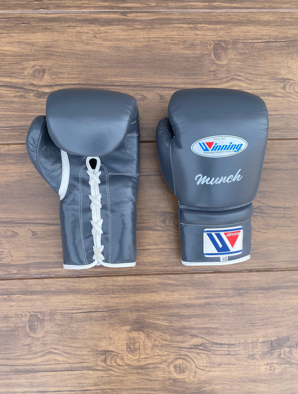 Winning Leather Boxing Set Grey Sparring Set Gloves Front and Back View