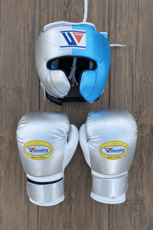 Winning Silver/Sky-Blue Boxing Set Fitness Training Gloves Headguard