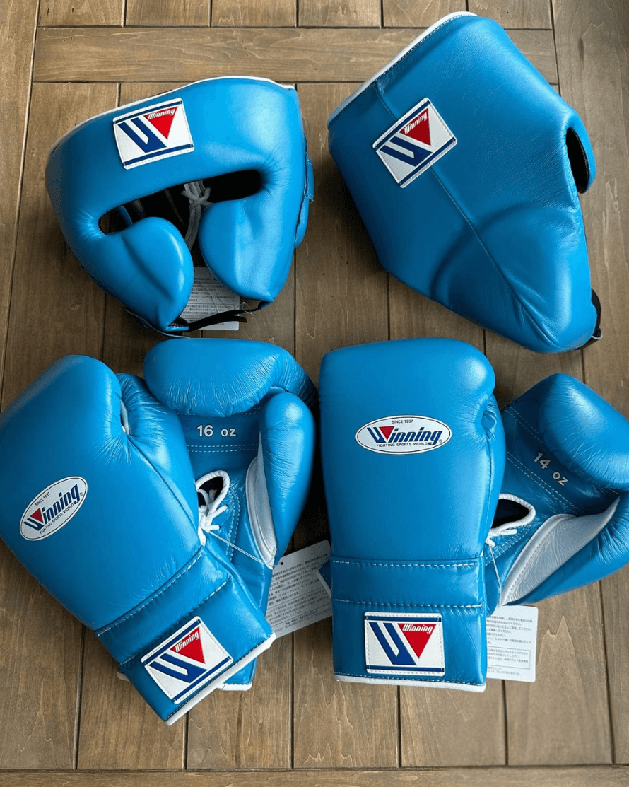 Winning Boxing Set Sky-Blue/White 14oz Gloves with Headguard Training Kit