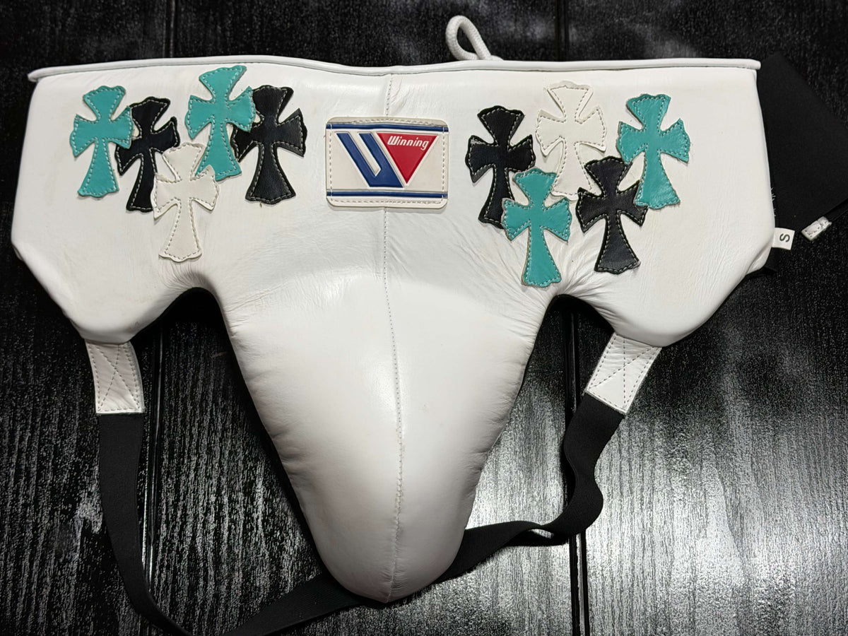 Winning Boxing Sets White/Black/Teal Chrome Heart Style Training Set Groinguard