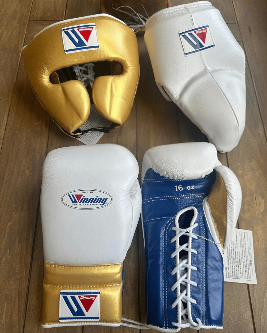 Winning Full Gear Boxing Set White/Blue/Gold 14oz Gloves Training Pack
