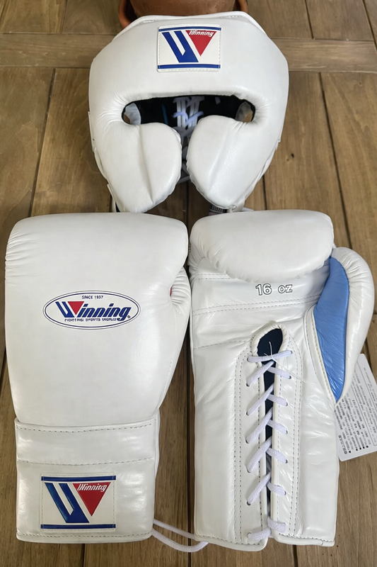 Winning White/Sky-Blue Boxing Set 14oz Gloves Full Gear Pack