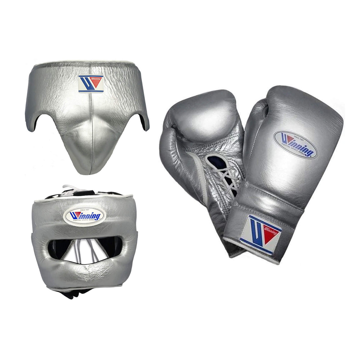 Winning Silver Full Boxing Set Gloves Headguard Groin Guard