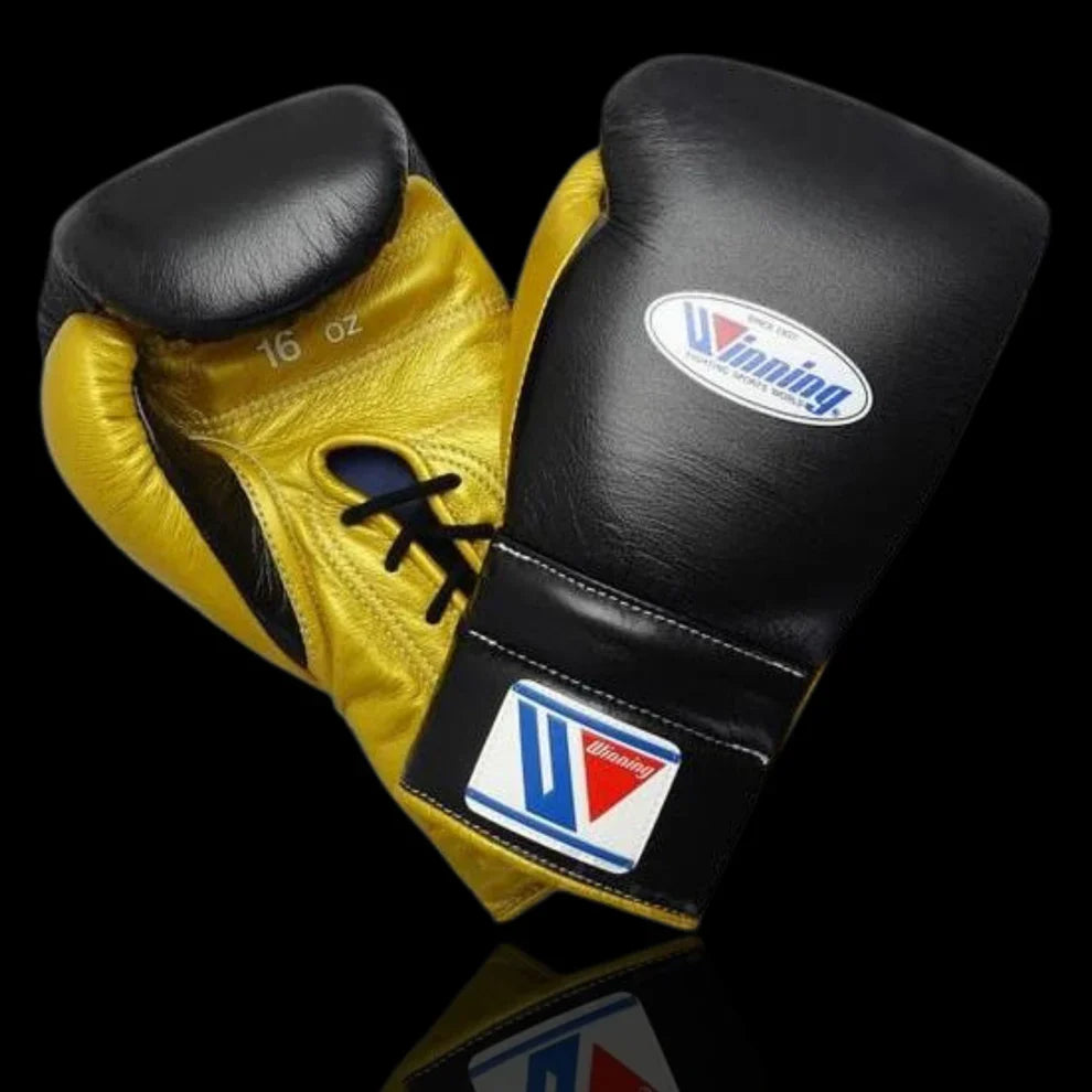 Winning Black/Gold Leather Boxing Gloves Lace Up