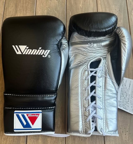 Winning Black/Silver Boxing Gloves Premium Leather Training Pair
