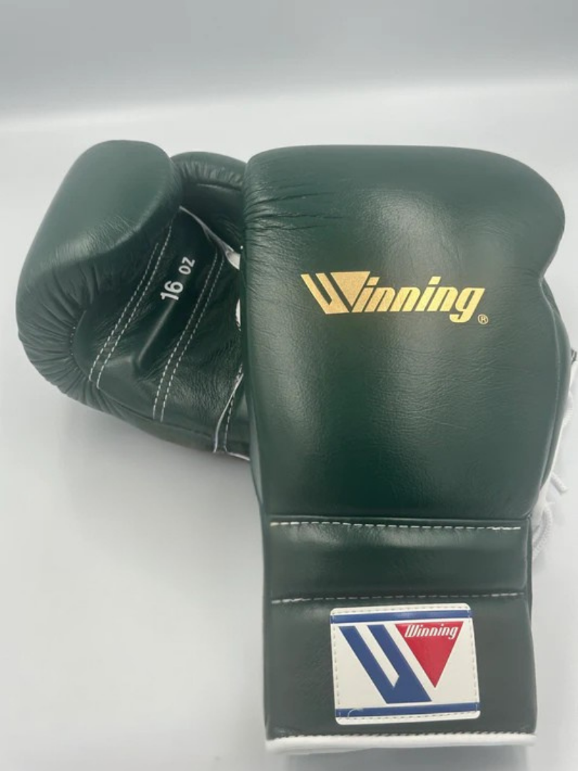 Winning Green Leather Boxing Gloves Heavy Duty Training Pair Back View