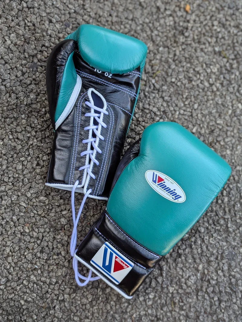 Winning Green/Black Leather Boxing Gloves Custom Fit Training Lace Up