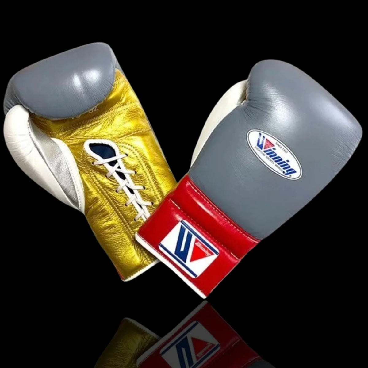 Winning Grey/Gold/Red/White Full View Leather Boxing Gloves Lace Up