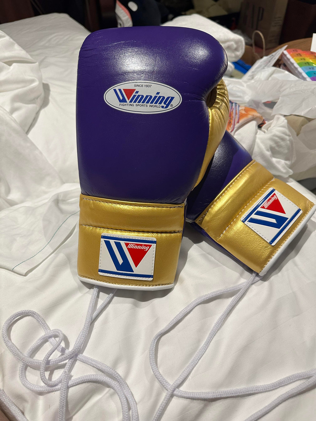 Winning Purple/Gold Boxing Gloves Premium Leather Training Pair Back View