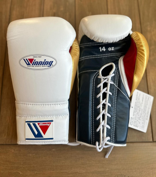 Winning White/Blue/Gold/Red Full View Leather Boxing Gloves