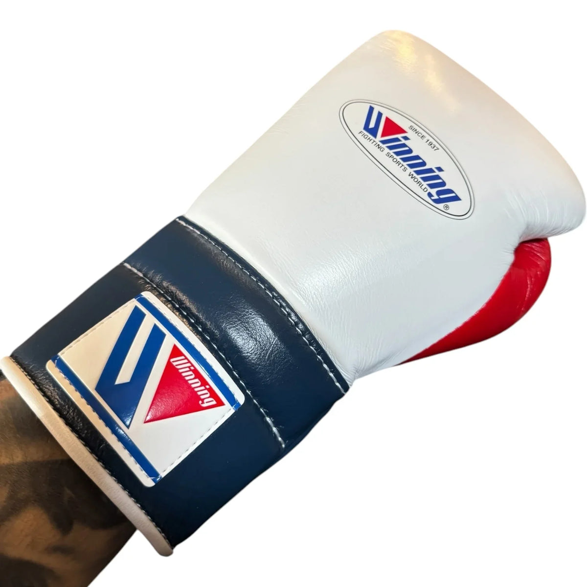 Winning White/Dark-Blue/Red Leather Boxing Gloves Heavy Duty Training Pair Back View