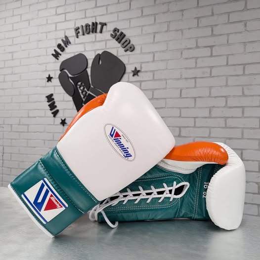 Winning White/Green/Orange Boxing Gloves Durable Sparring Gloves Back View