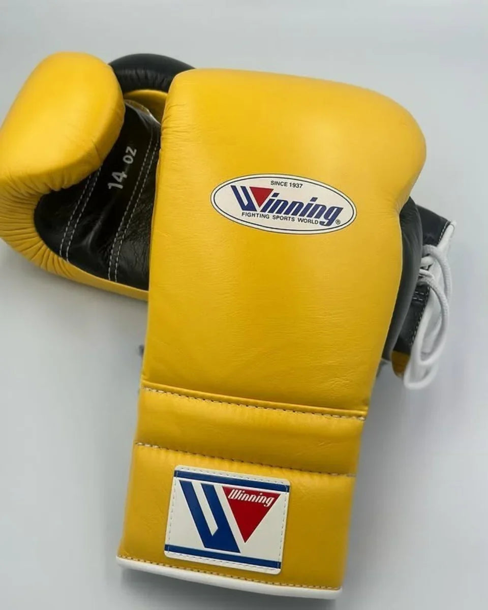 Winning Yellow/Black Lace-Up Boxing Gloves Classic Training Gloves Back View
