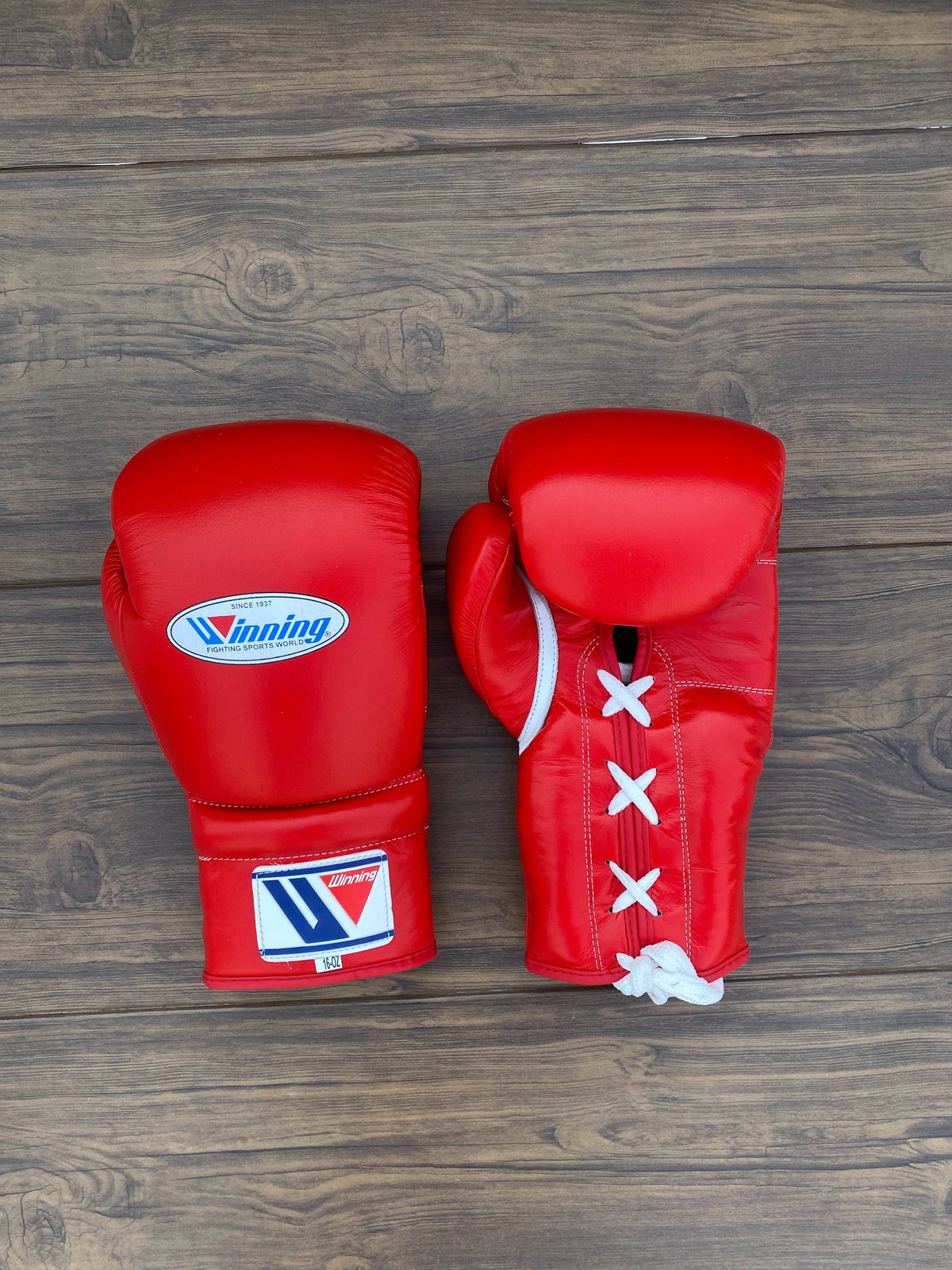 Winning Boxing Set Red Lace-Up Gloves Front View
