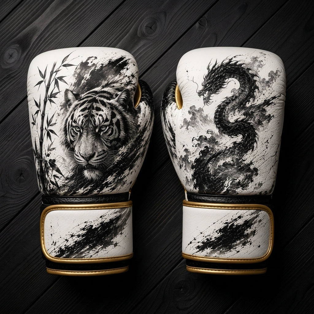 White and black ink-style boxing gloves featuring a fierce tiger with bamboo stalks on one glove and a winding dragon on the other.